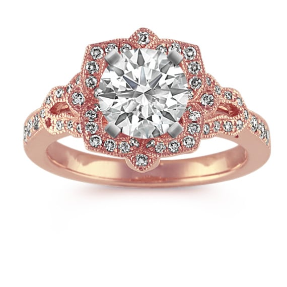 Vintage Floral Halo Diamond Engagement Ring in 14k Rose Gold
