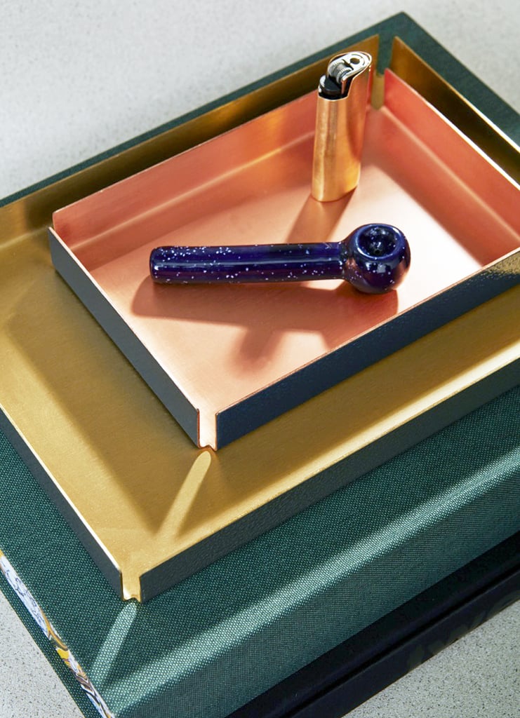 Aero Pipe by The Pursuits of Happiness ($85), Minimalist Lighter Cover by Don Madden ($35), Hammertone Tray by Other Kingdom ($100)