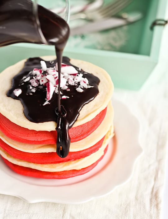 Christmas Pancakes With Candy Cane Chocolate Syrup