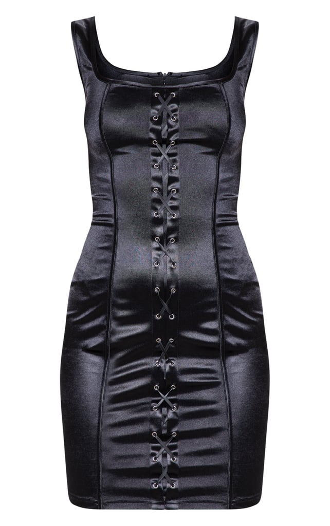Black Lace Up Square Neck Bodycon Dress