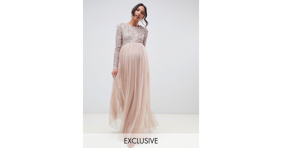 Maya Maternity Bridesmaid Long Sleeved Maxi Dress With Delicate Sequin ...