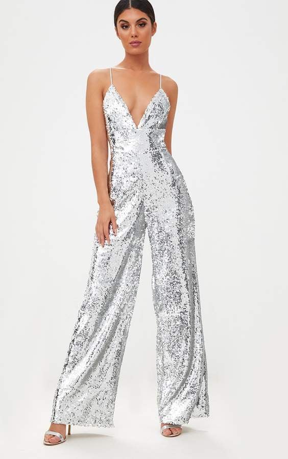 PrettyLittleThing Silver Sequin Plunge Jumpsuit | Miley Cyrus's Silver ...
