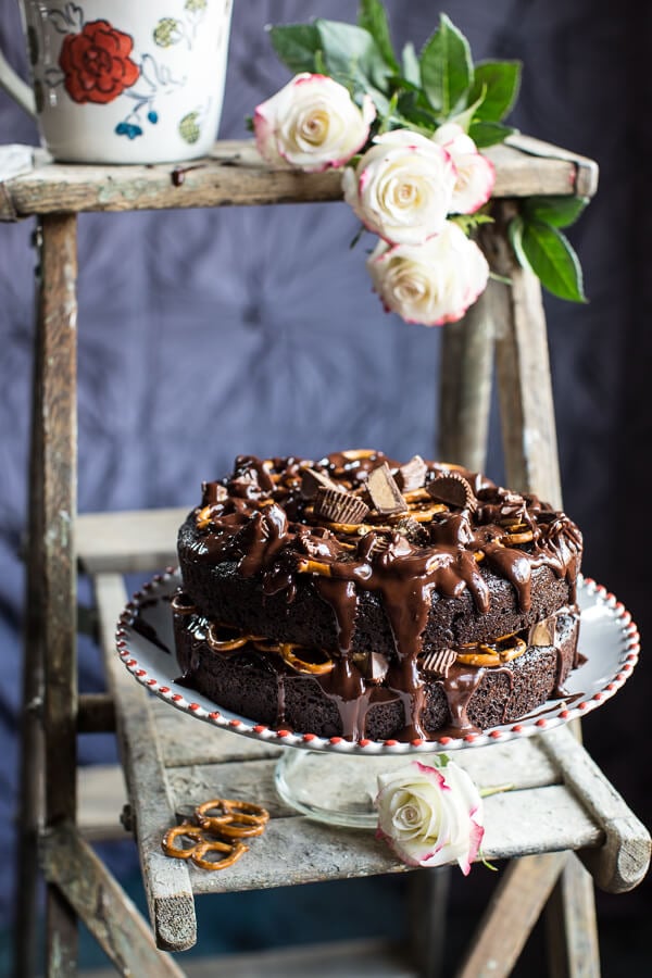 One-Bowl Chocolate Peanut Butter Cup Cake With Pretzels