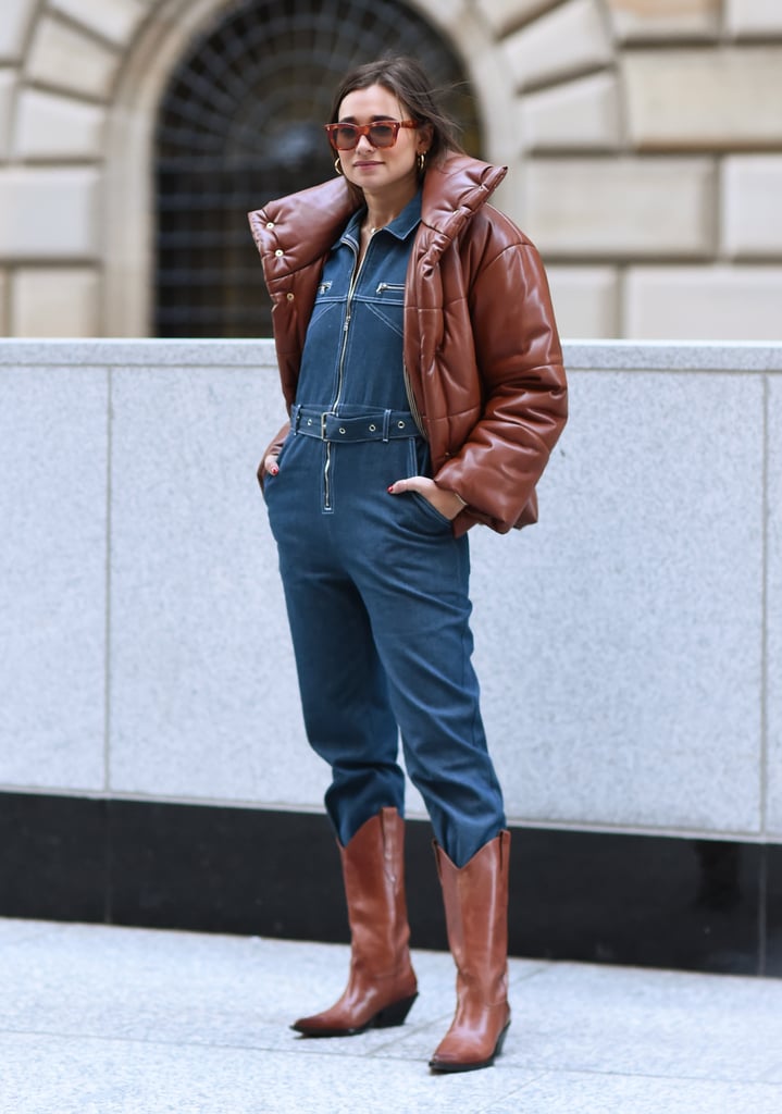Winter Outfit Idea: A Jumpsuit, Puffer, and Cowboy Boots