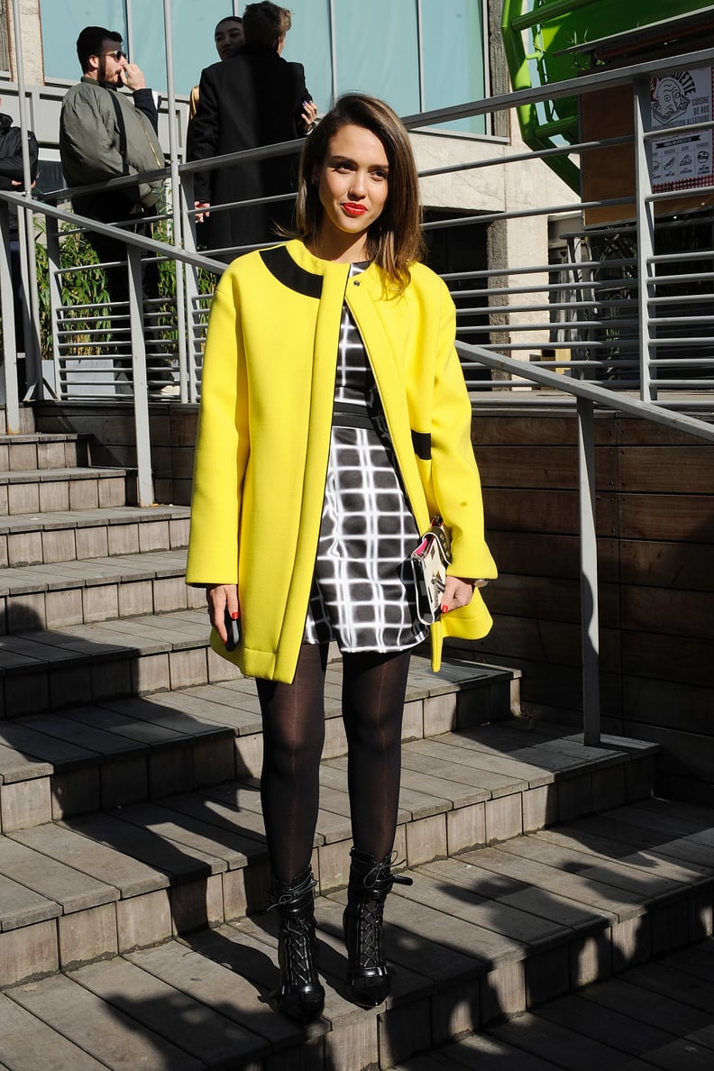 Jessica Alba in Printed Kenzo Dress and Yellow Kenzo Coat