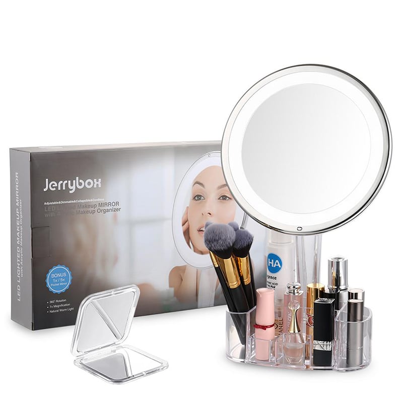 Jerrybox LED Lighted Makeup Mirror With Acrylic Makeup Organizer