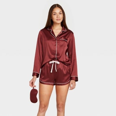 Stars Above 3-Piece Satin Long-Sleeve Notch-Collar Top and Shorts Pajama Set