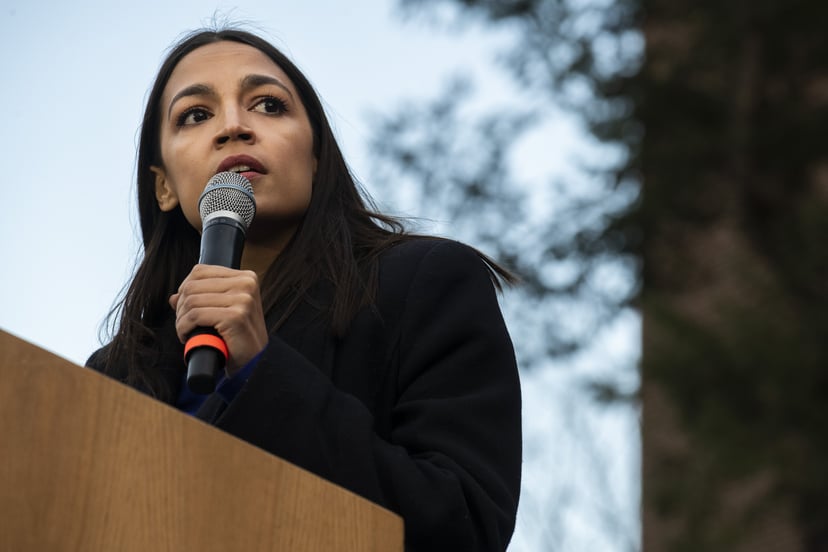ANN ARBOR, MI - MARCH 08: Rep. Alexandria Ocasio-Cortez (D-NY) addresses supporters during a campaign rally for Democratic presidential candidate Sen. Bernie Sanders on March 8, 2020 in Ann Arbor, Michigan. Ocasio-Cortez has become a Democratic Party favo
