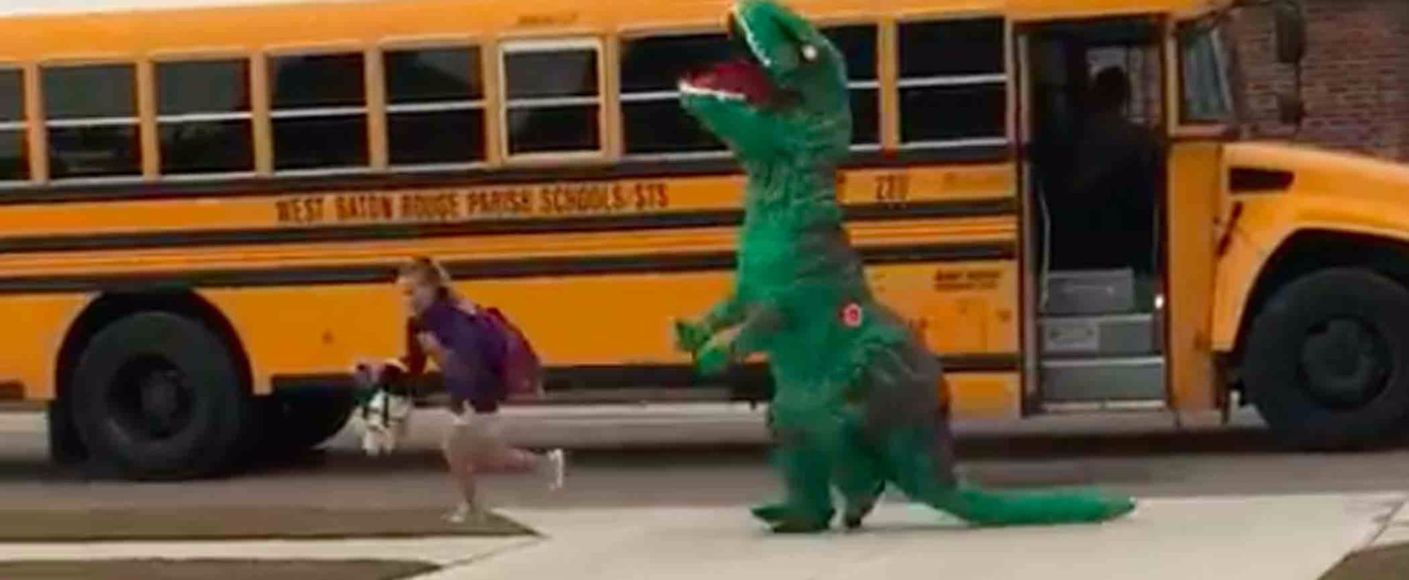 Dad Gets Daughter From Bus In Dinosaur Costume Popsugar Family