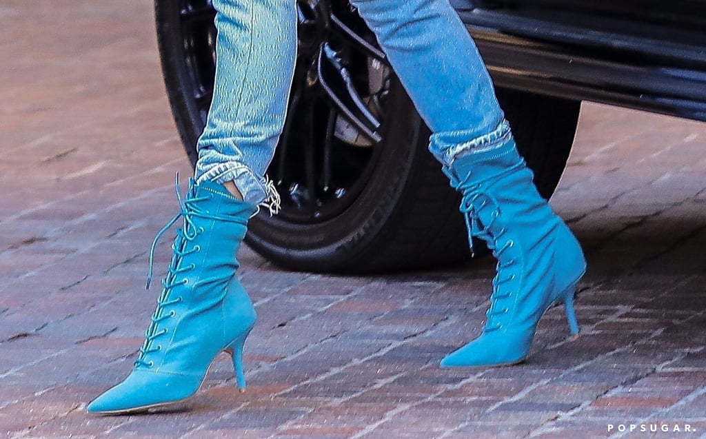 Hailey Baldwin Blue Yeezy Boots | POPSUGAR Fashion