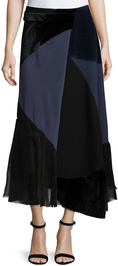 Victoria Beckham Patchwork Midi Wrap Skirt, Navy/Black ($2,950)