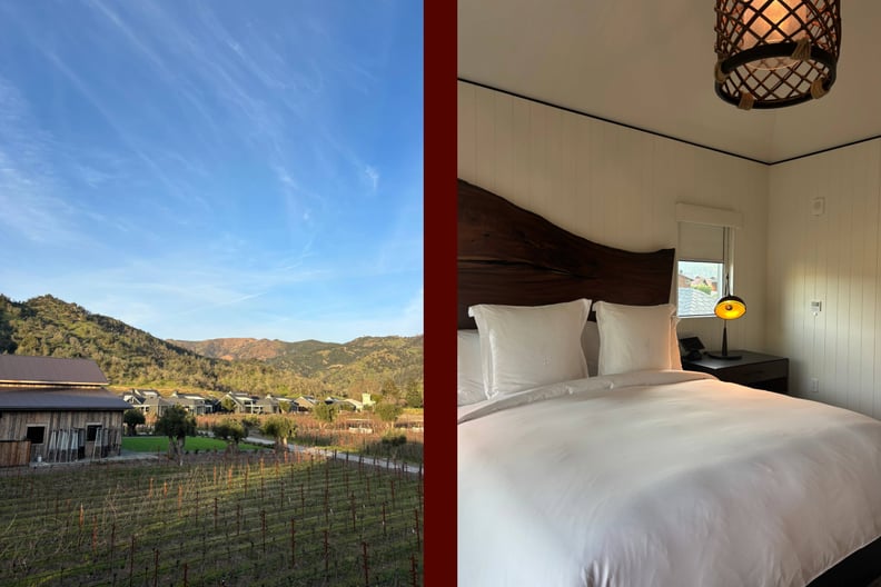 Side-by-side photos show a mountain range in Calistoga and a bed at the Four Seasons Napa Valley