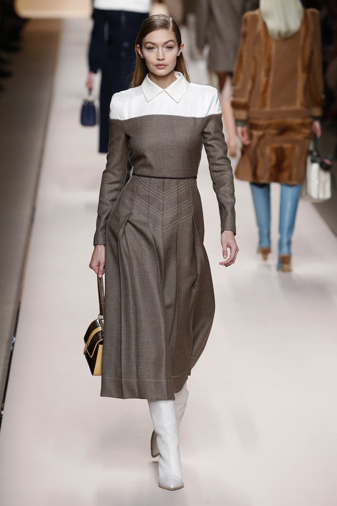 Gigi walked the Fendi runway in a two-tone dress.
