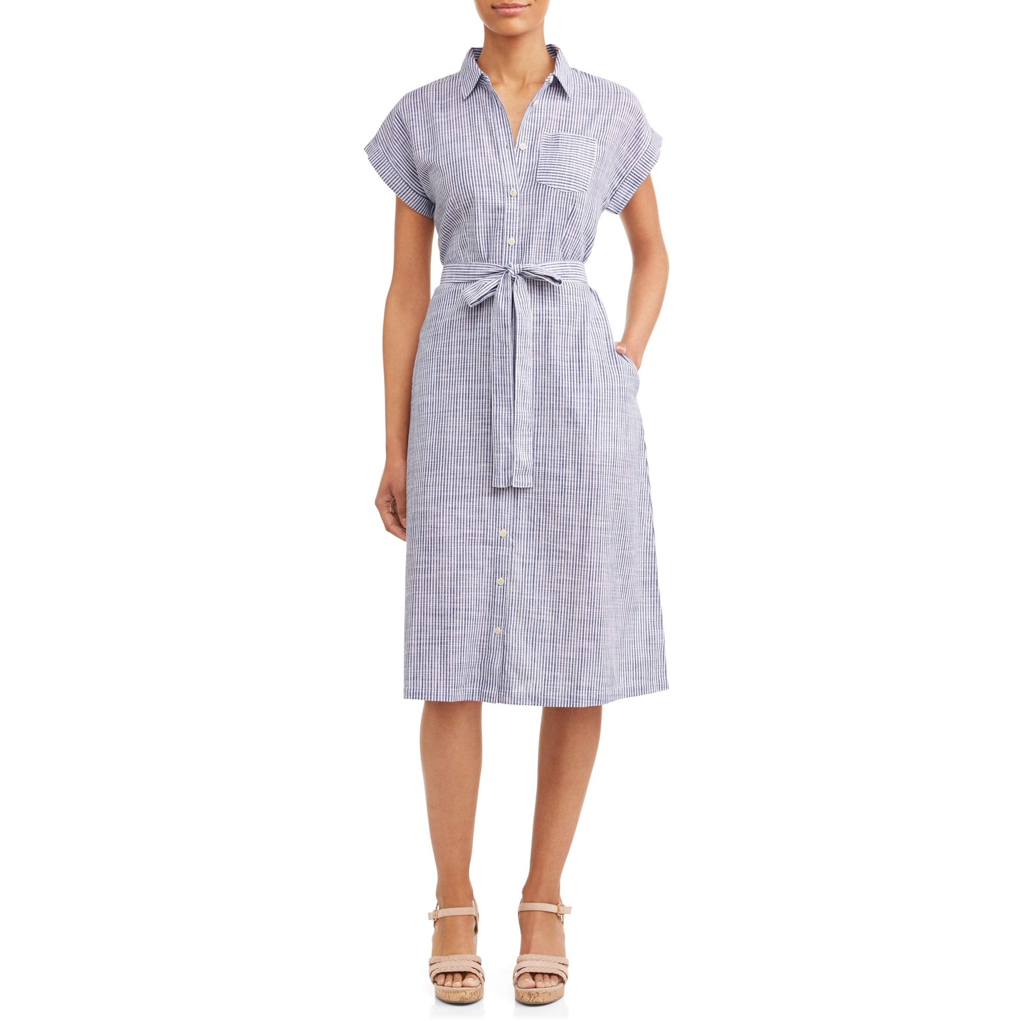women's belted midi shirt dress with pocket