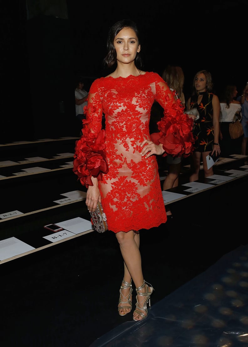 Nina Dobrev Looked Lovely in This Red Marchesa Number