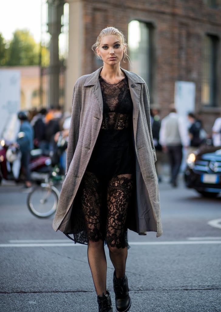 Elsa Hosk Opted For a Sheer Black Dress and Gray Coat | Model Street Style at Fashion Week ...