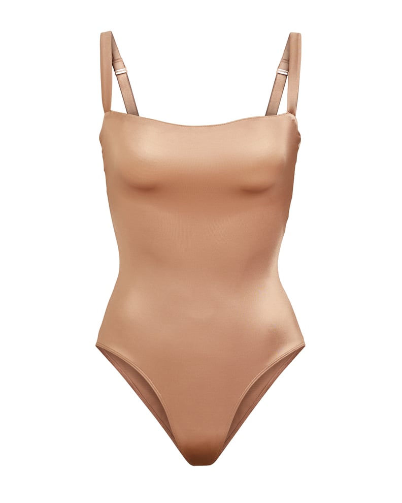 Skims Stretch Satin Smoothing Bodysuit in Desert Clay