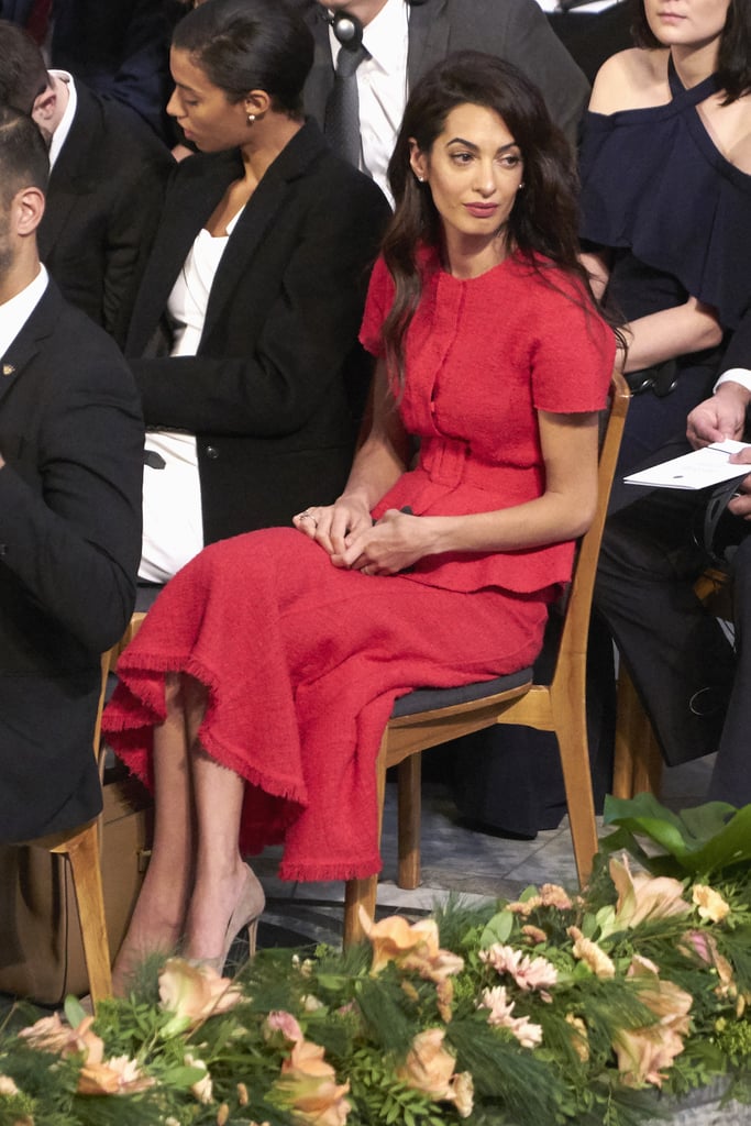 Amal Clooney Red Outfit at Nobel Peace Prize Ceremony 2018