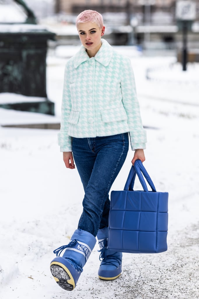 Contrast a ladylike, formfitting jacket with tough, functional boots.