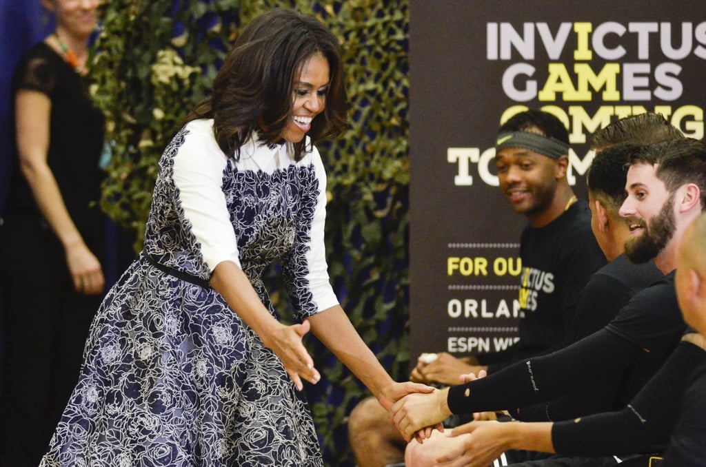Michelle Obama Wears Tadashi Shoji With Prince Harry