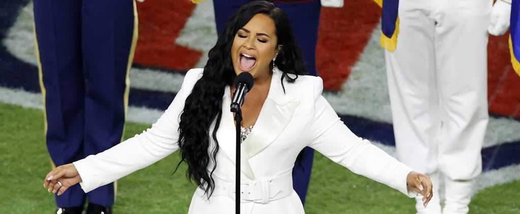 Demi Lovato's White Tuxedo Jumpsuit at the Super Bowl LIV