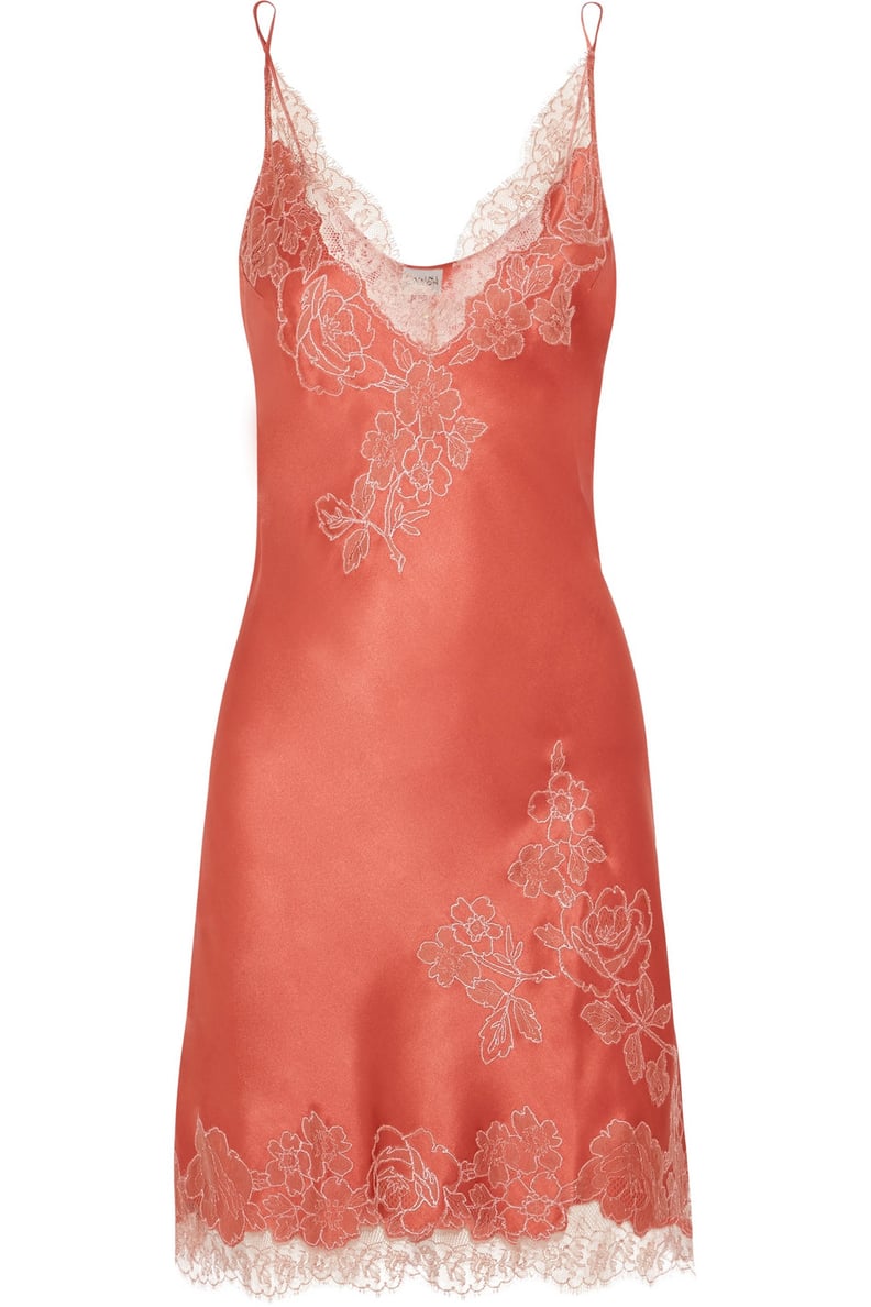 Carine Gilson Embroidered Chantilly Lace-Trimmed Silk-Satin Chemise