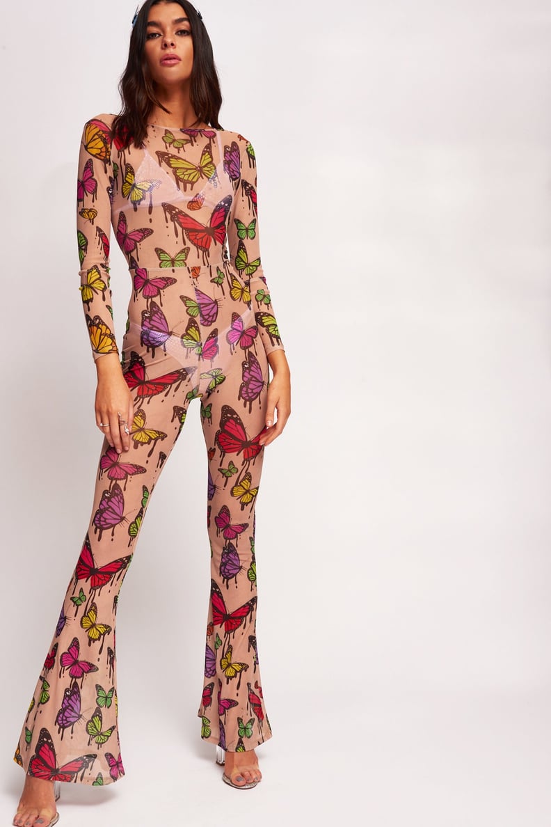 Jaded London Butterfly Print Mesh Flared Leg Catsuit