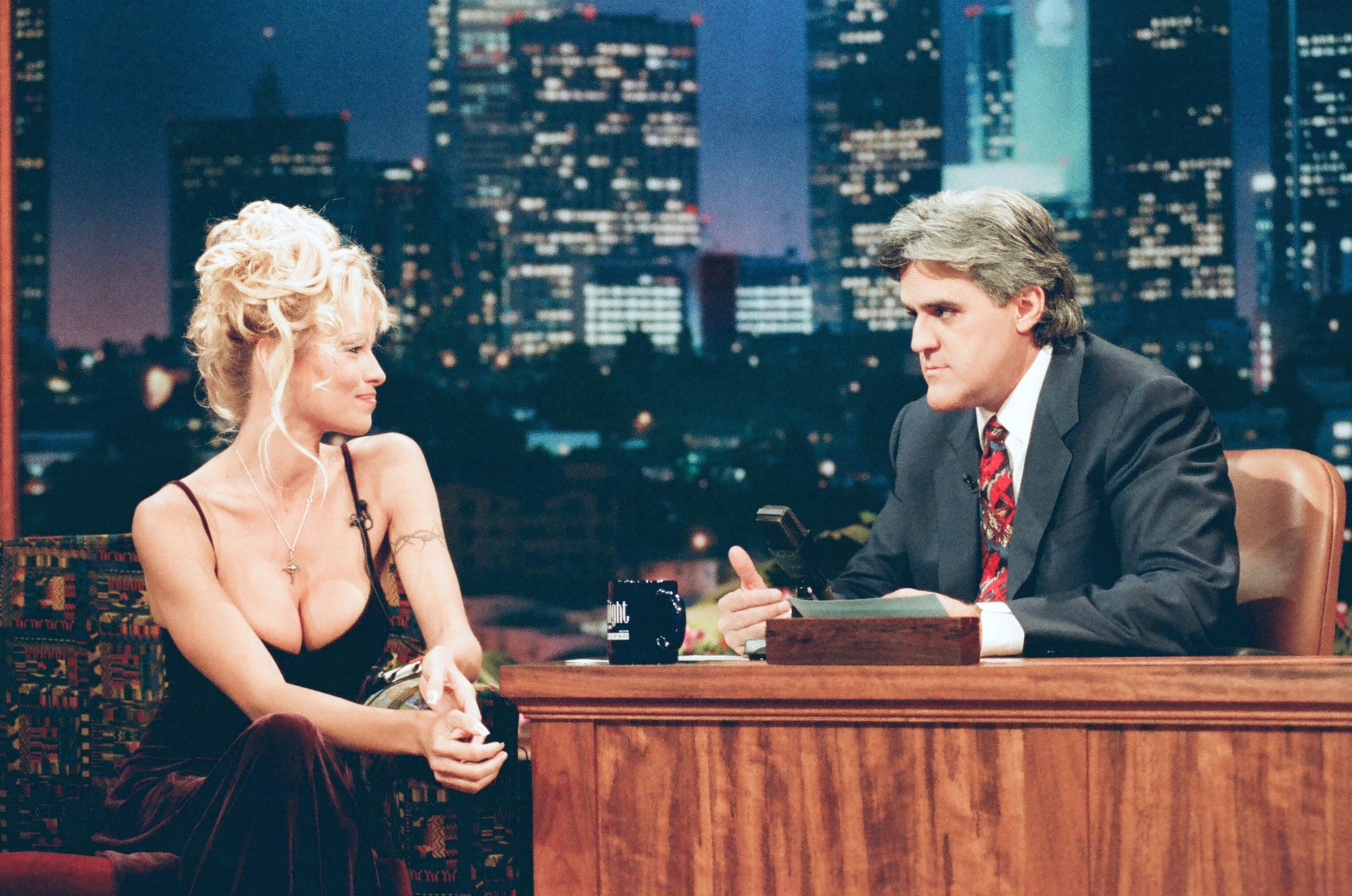 Pamela Anderson during an interview with host Jay Leno.