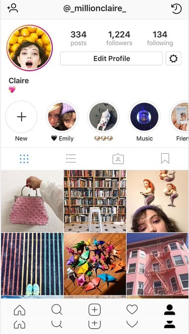 To create a Highlight, tap where it says "New" in a circle on the far left of your profile.