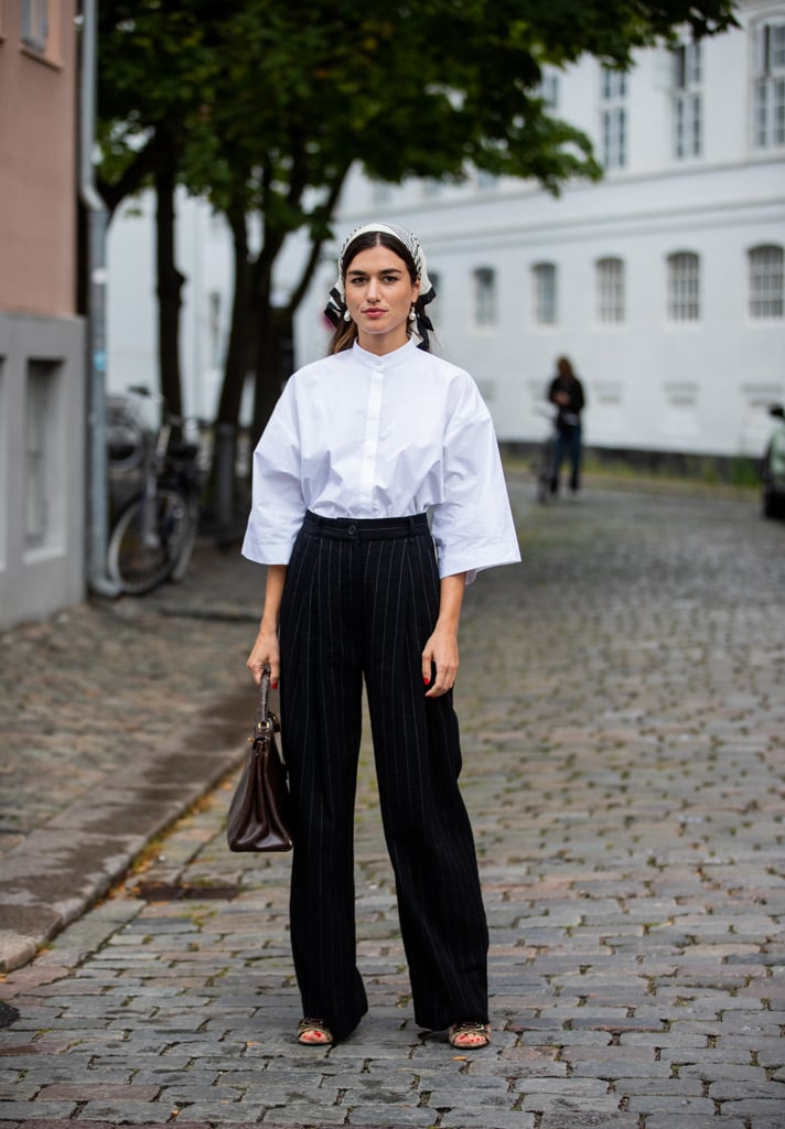 A White Shirt, Black Straight-Leg Trousers, and Bandana