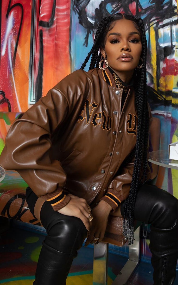 Teyana Taylor x PLT Chocolate PU Embroidered Bomber Jacket