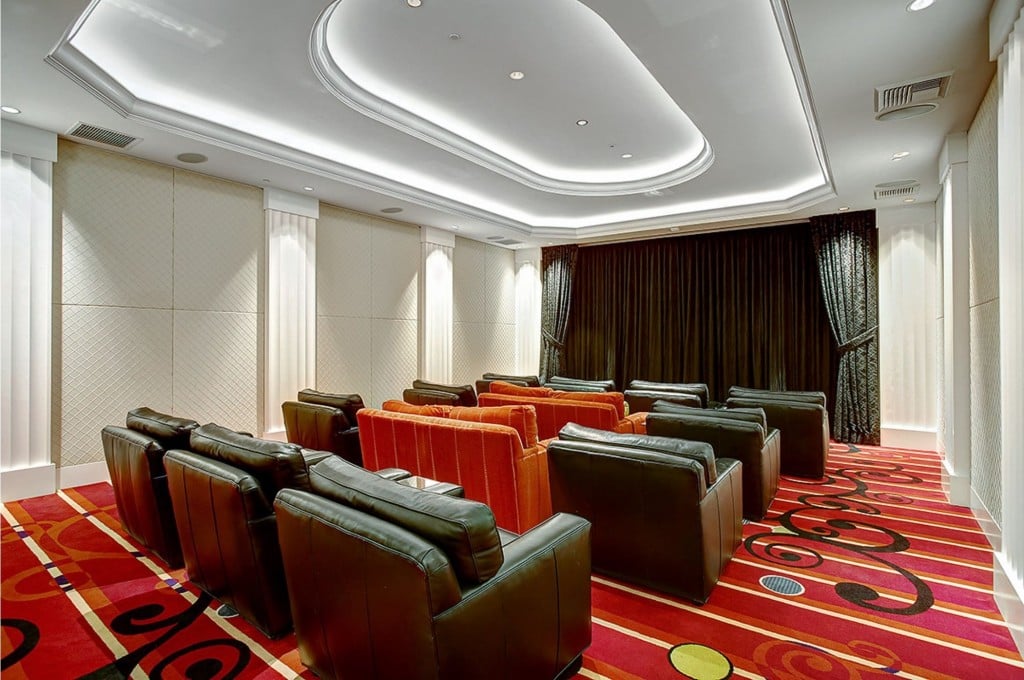 The private theater can be transformed into a boardroom big enough for 20 people.