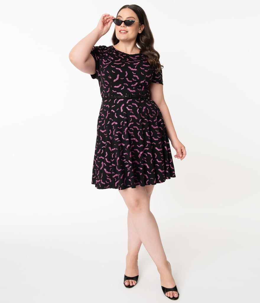 Unique Vintage Plus Size Black and Purple Bats Short Sleeve Stephanie Flare Dress