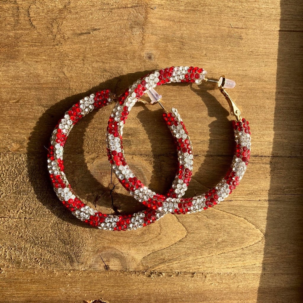 2英寸红色和白色条纹莱茵石耳环