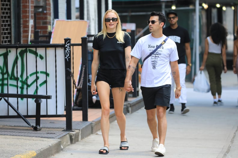 Sophie Turner in a Black Tee and Shorts in 2019