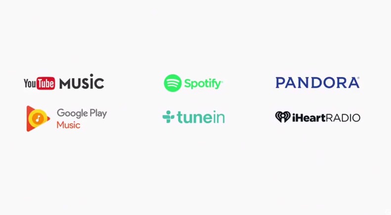 The six music services Google Home will work with.