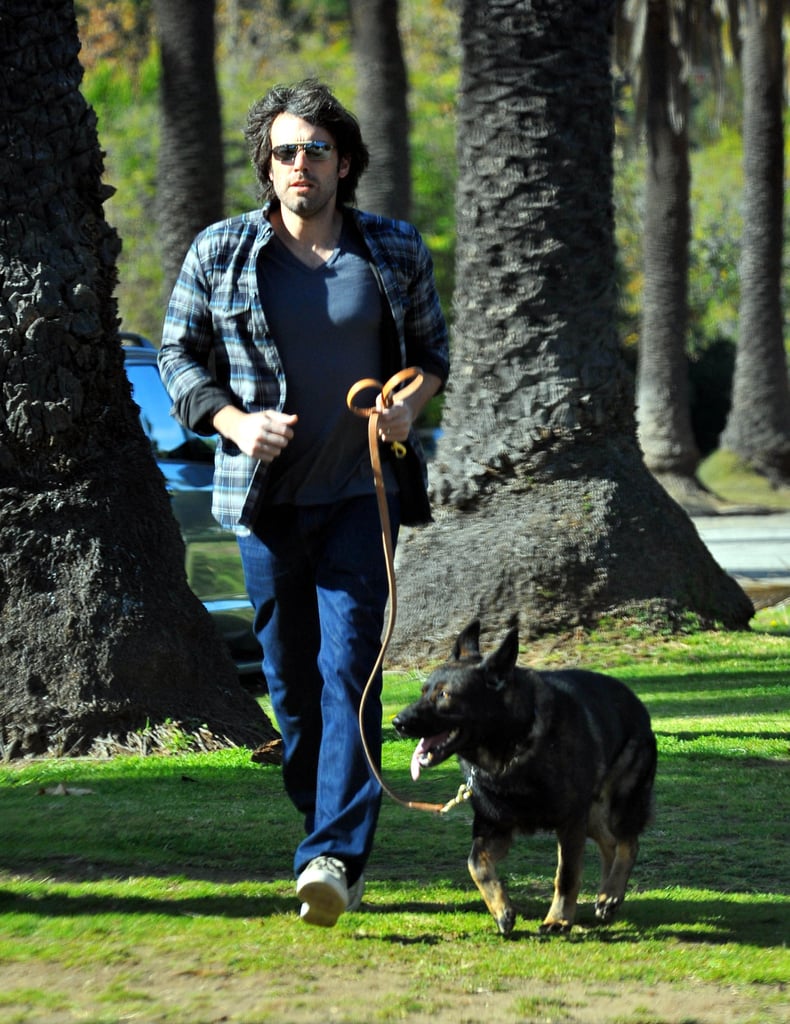 Ben Affleck took his German Shepherd on a walk in LA's Brentwood neighborhood in January 2012.