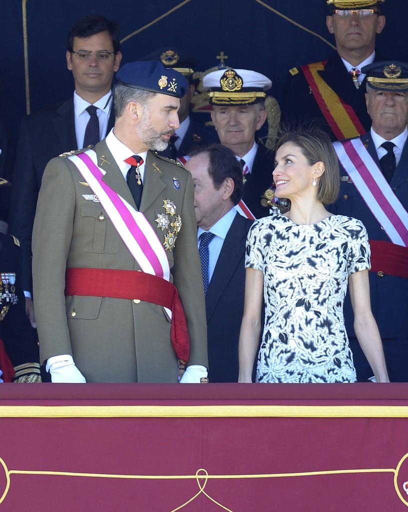 Letizia smiled at her husband during a May ceremony in Madrid.
