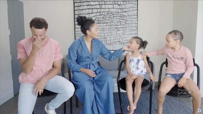 MILWAUKEE, WI - AUGUST 20: In this screenshot from the DNCC's livestream of the 2020 Democratic National Convention, NBA athlete Stephen Curry, his wife Ayesha Curry and children Ryan and Riley address the virtual convention on August 20, 2020.  The conve