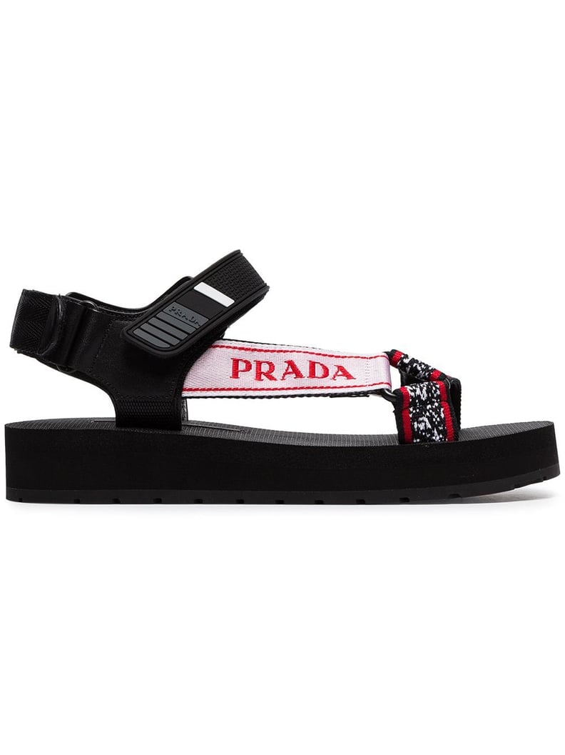 Prada Black Logo Embroidered Flat Leather Sandals