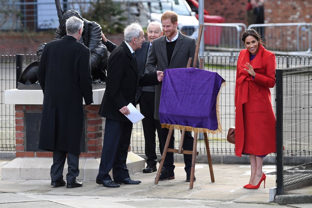 Meghan Markle Red and Purple Outfit Birkenhead January 2018