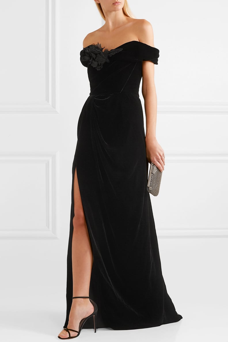 Marchesa Off-the-Shoulder Appliquéd Velvet Gown