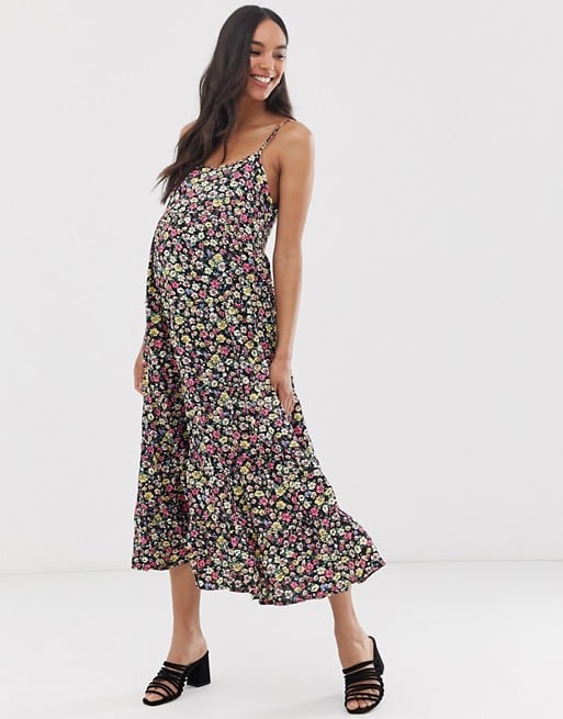 New Look Maternity Strappy Tier Midi Dress in Black Floral Pattern