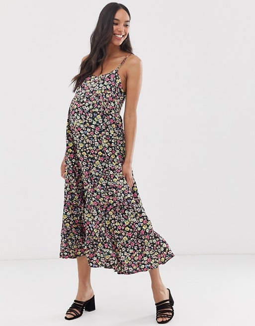 New Look Maternity strappy tier midi dress in black floral pattern | ASOS