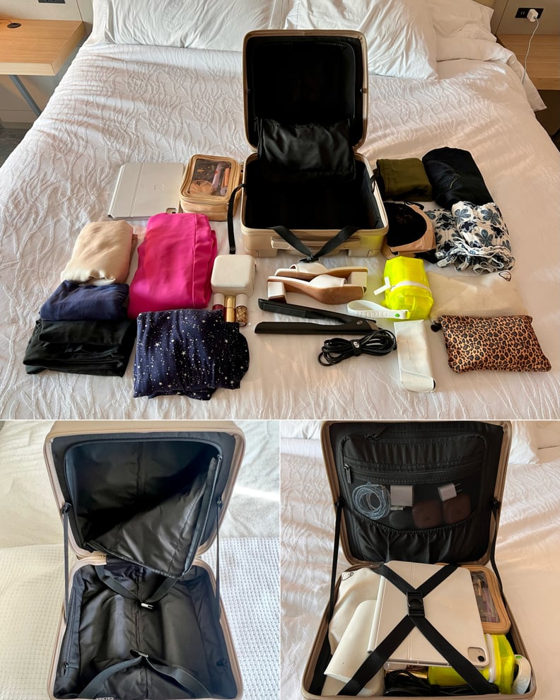 Packing the Calpak Ambeur Mini Carry-On. The top picture shows a flat lay of all the items that need to be packed for the trip and the empty suitcase, the left bottom picture shows a close up of the inside of the Ambeur Mini Carry-On, the right bottom pic