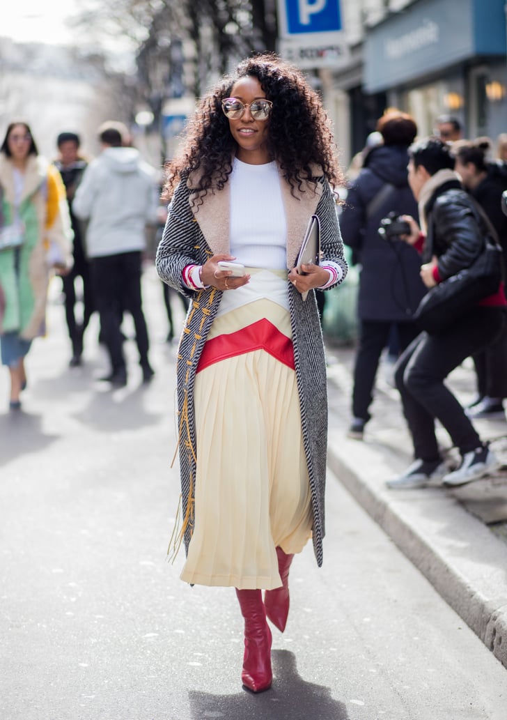 For a Pop of Color, Style Your Midi Skirt With Red Boots | Winter Work ...