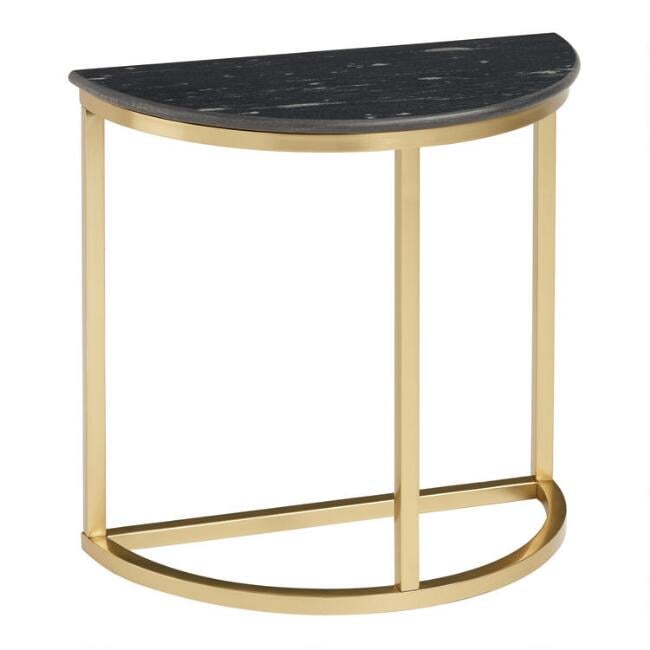 Half-Round Black-Granite and Gold-Metal Tanis Accent Table