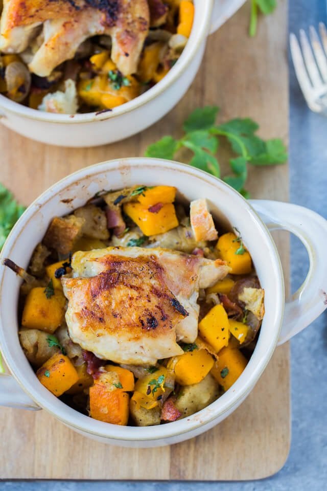 Chicken Thighs With Caramelized Onion, Butternut Squash, and Bacon