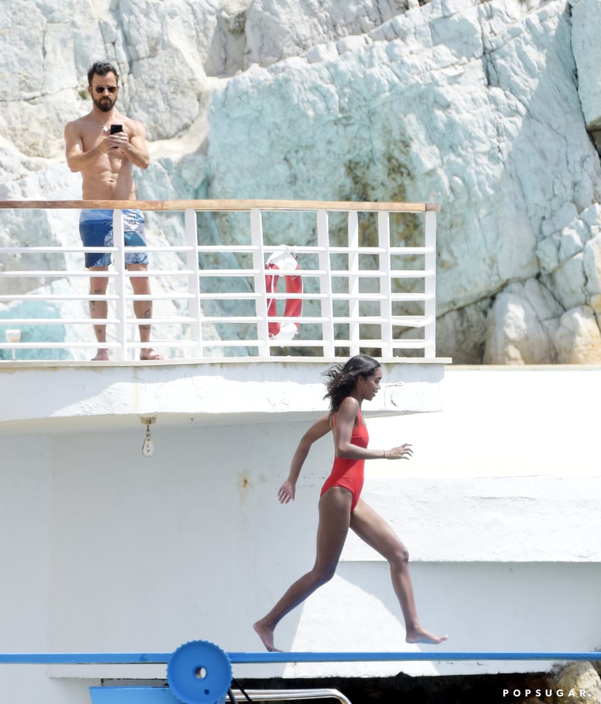 Justin Theroux and Laura Harrier Swimming in France May 2018