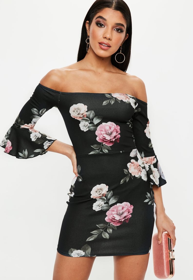 Missguided Black Floral Print Bardot Frill Sleeve Mini Dress